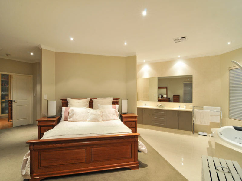 Romantic bedroom design idea with carpet &amp; french doors using beige ...